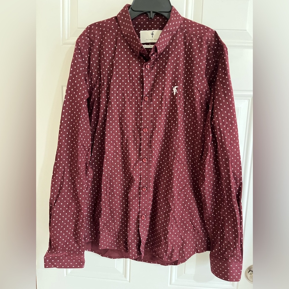 Father Sons Shirt Burgundy White Polka Dot Stretch Slim Fit Formal Block Men’s L